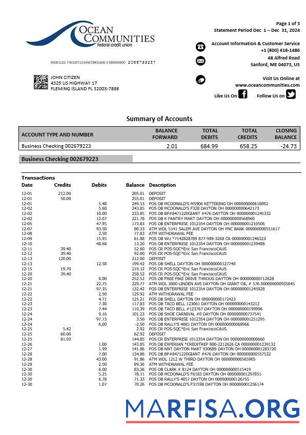 Printable USA Maine Ocean Communities Federal Credit Union bank statement word 3 pages sample